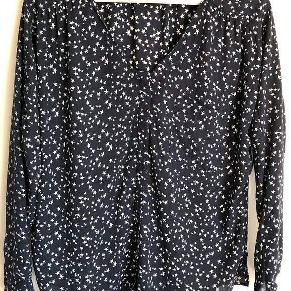 Zara Navy Blue Star Chiffon Long Sleeve Button Up Blouse Size XS - Picture 3 of 12